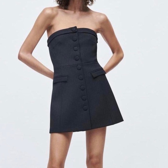 Zara Strapless Pinstripe Mini Dress Navy Size S NWT - Picture 3 of 3